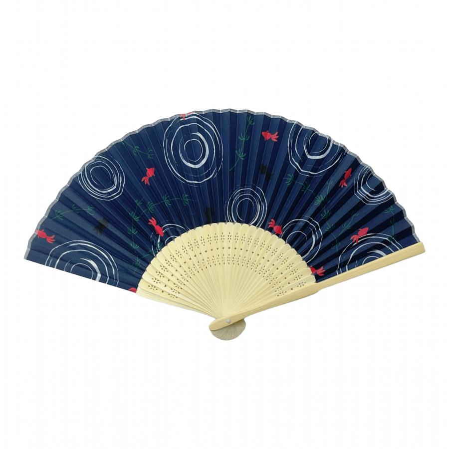 白竹扇子 紺地金魚 透明袋入り