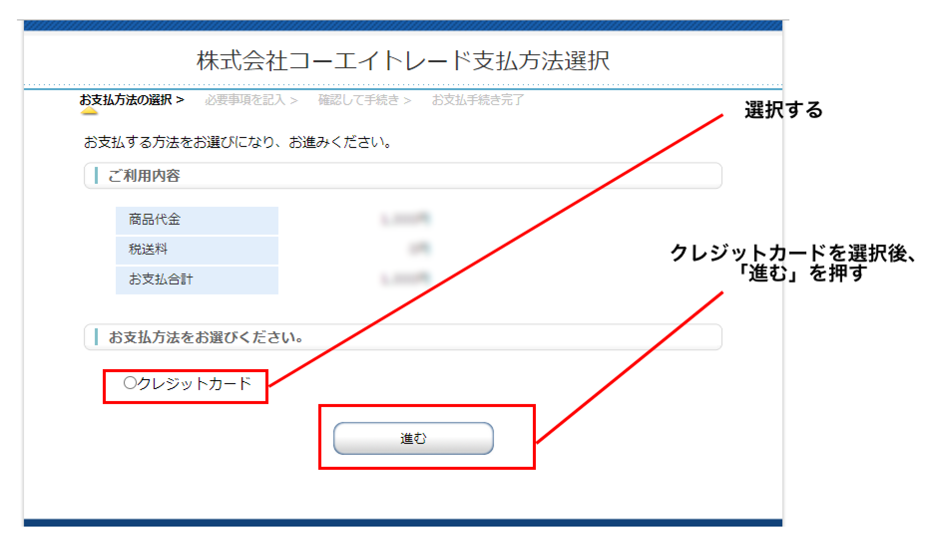 支払い方法選択画面の「クレジットカード」を選択した後、「進む」ボタンを押す