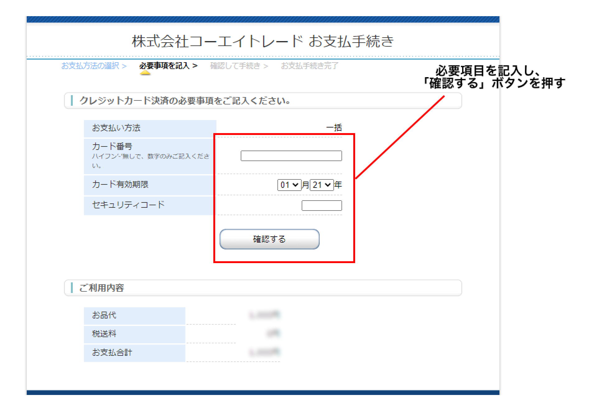 お支払手続き画面のへ必要項目を記入し、「確認する」ボタンを押す